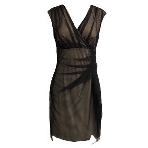 LONDON TIMES BLACK AND NUDE TULLE DRESS side zipper ruched tulle front and back